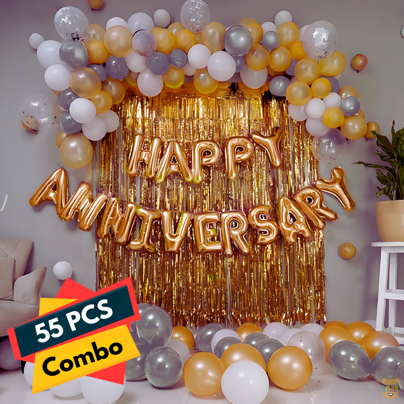 Anniversary Decoration Combo Pack - Including Banners, Backdrop Curtains, Metallic Balloons, Confetti, Arch & B.Tape - Full Package (55 Pcs)