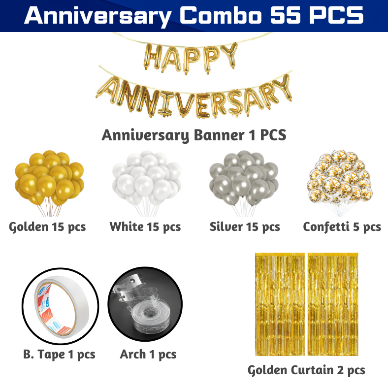 Anniversary Decoration Combo Pack - Including Banners, Backdrop Curtains, Metallic Balloons, Confetti, Arch & B.Tape - Full Package (55 Pcs)