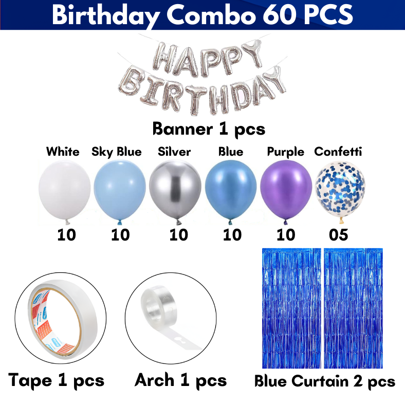 Birthday Special Decoration Combo Pack - Foil Banner, Backdrop Curtains, Metallic Balloons, Confetti, Deco Kit, and More- (Pack of 60 Pieces)