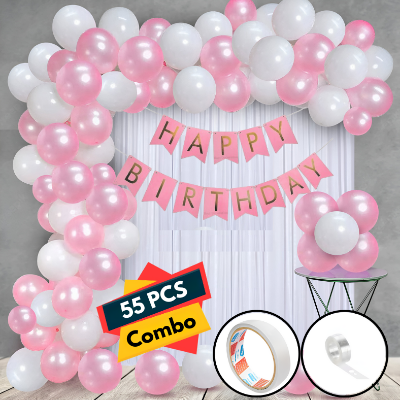 Birthday Decorations Combo - Metallic Balloons, Card Banner, White Net Curtain with Balloon Arch & Both Side Tape - Full Package (55 Pcs)