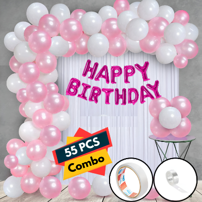 Birthday Decorations Combo - Metallic Balloons, Pink Foil Banner, White Net Curtain with Balloon Arch & Both Side Tape - Full Package (55 Pcs)