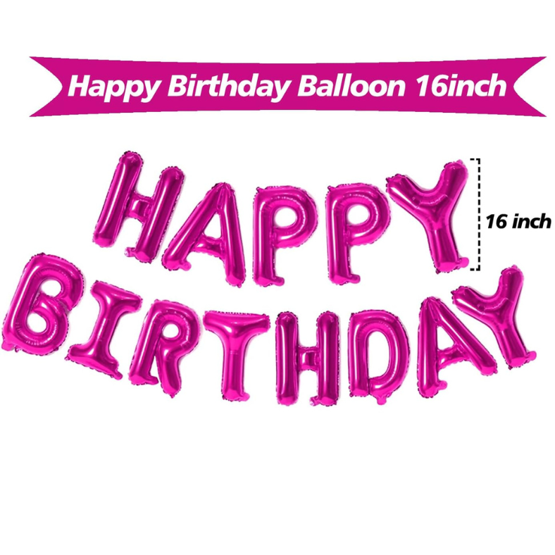 Birthday Decorations Combo - Metallic Balloons, Pink Foil Banner, White Net Curtain with Balloon Arch & Both Side Tape - Full Package (55 Pcs)