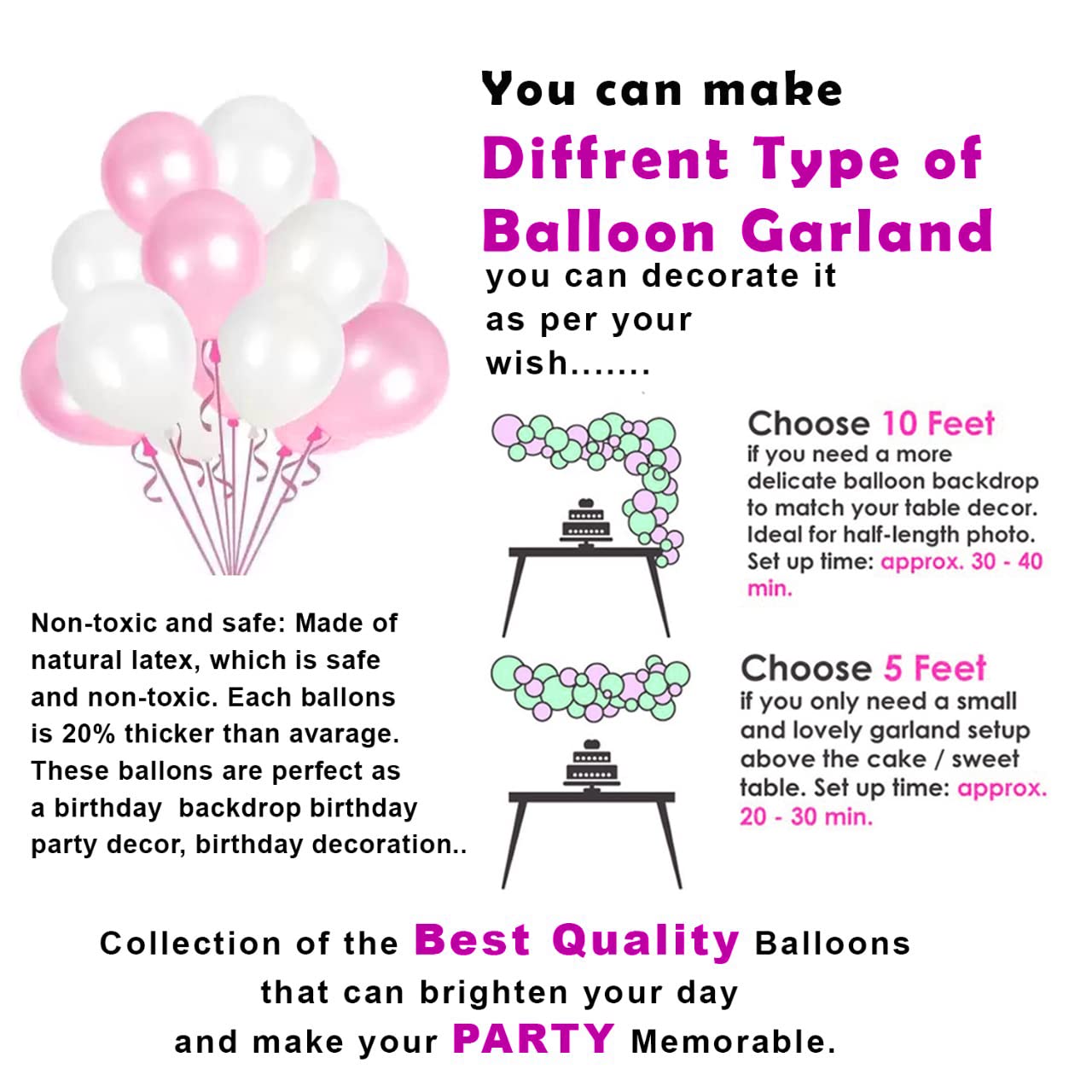 Birthday Decorations Combo - Metallic Balloons, Pink Foil Banner, White Net Curtain with Balloon Arch & Both Side Tape - Full Package (55 Pcs)