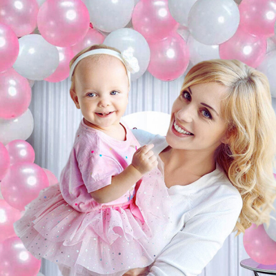 Birthday Decorations Combo - Metallic Balloons, Pink Foil Banner, White Net Curtain with Balloon Arch & Both Side Tape - Full Package (55 Pcs)