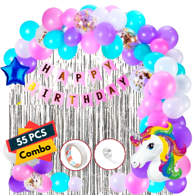Unicorn Birthday Decoration Combo Pack - With Card Banner, Foil Backdrop Curtain, HQ Balloons, Deco Kit & More - Full Package (55 Pieces)