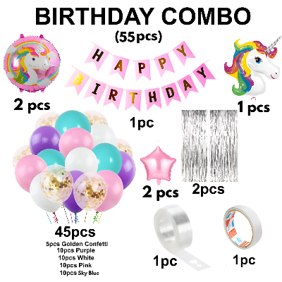 Unicorn Birthday Decoration Combo Pack - With Card Banner, Foil Backdrop Curtain, HQ Balloons, Deco Kit & More - Full Package (55 Pieces)