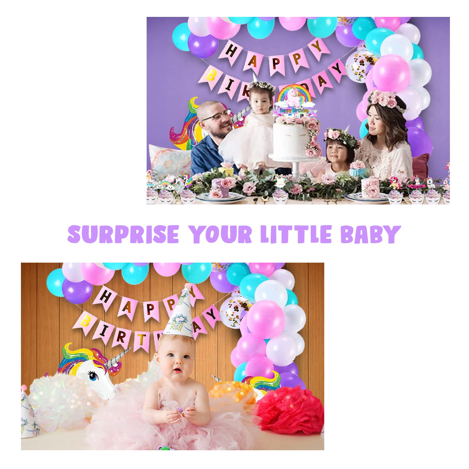 Unicorn Birthday Decoration Combo Pack - With Card Banner, Foil Backdrop Curtain, HQ Balloons, Deco Kit & More - Full Package (55 Pieces)