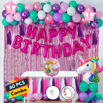 Unicorn Birthday Decoration Combo Pack - Foil Banner, Foil Backdrop Curtain, Pastel Balloons, Deco Kit & More - Full Package (60 Pcs)