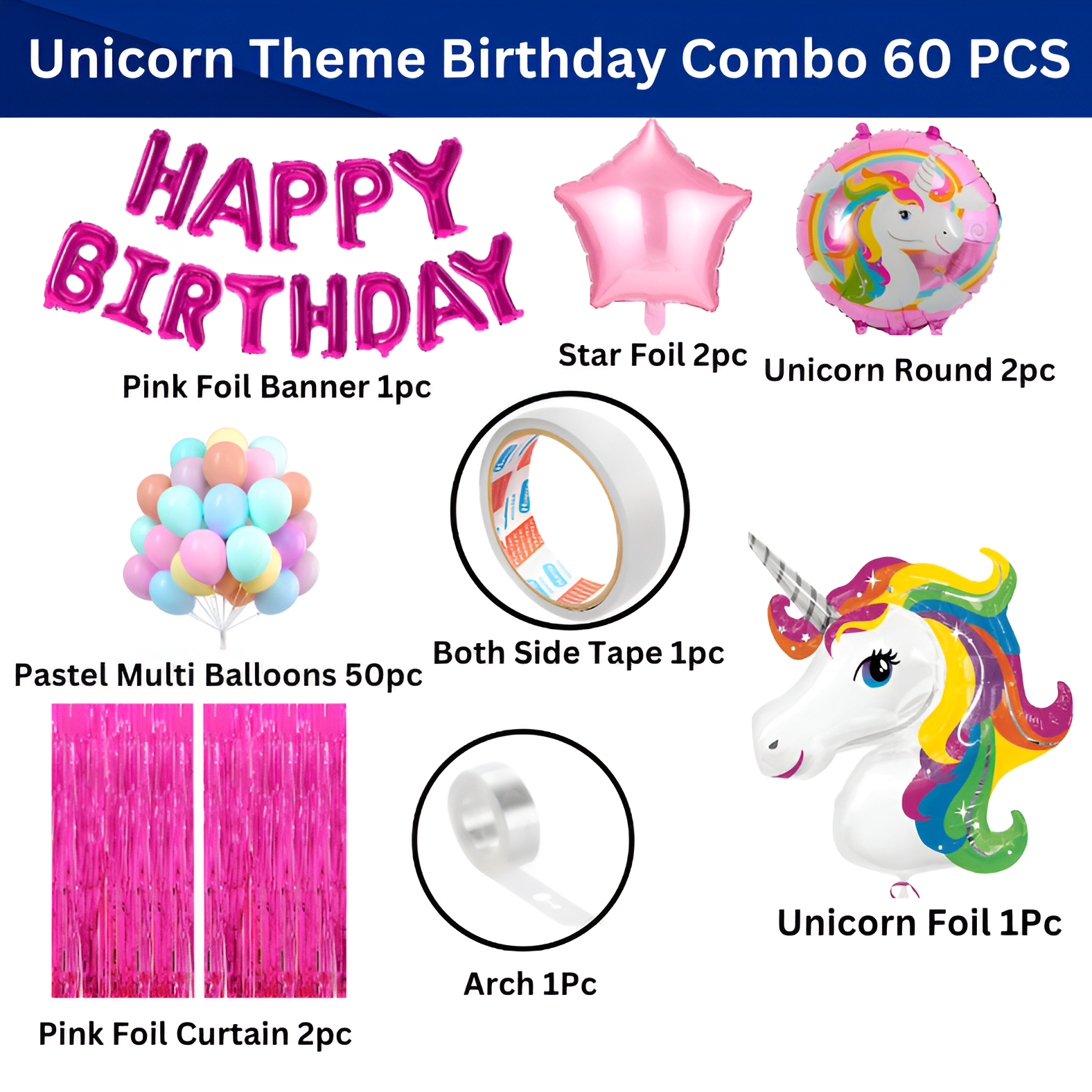 Unicorn Birthday Decoration Combo Pack - Foil Banner, Foil Backdrop Curtain, Pastel Balloons, Deco Kit & More - Full Package (60 Pcs)