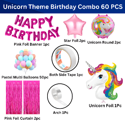 Unicorn Birthday Decoration Combo Pack - Foil Banner, Foil Backdrop Curtain, Pastel Balloons, Deco Kit & More - Full Package (60 Pcs)