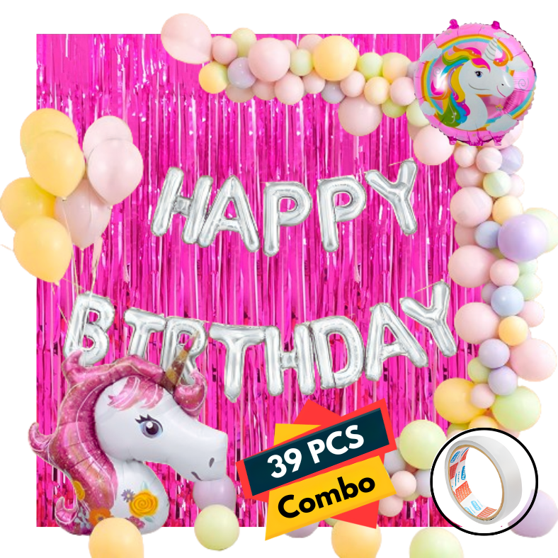 Unicorn Birthday Decoration Combo Pack - Foil Banner, Foil Backdrop Curtain, Pastel Balloons, Deco Kit & More - Full Package (39 Pcs)