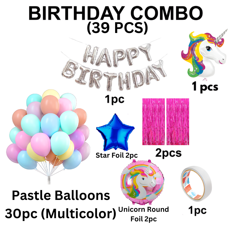 Unicorn Birthday Decoration Combo Pack - Foil Banner, Foil Backdrop Curtain, Pastel Balloons, Deco Kit & More - Full Package (39 Pcs)