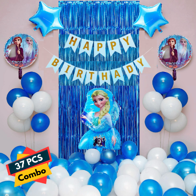 Frozen Theme Birthday Decoration Combo Pack - With Card Birthday Banner, Blue Foil Backdrop Curtain, Metallic Balloons - Full Package (37 Pcs)