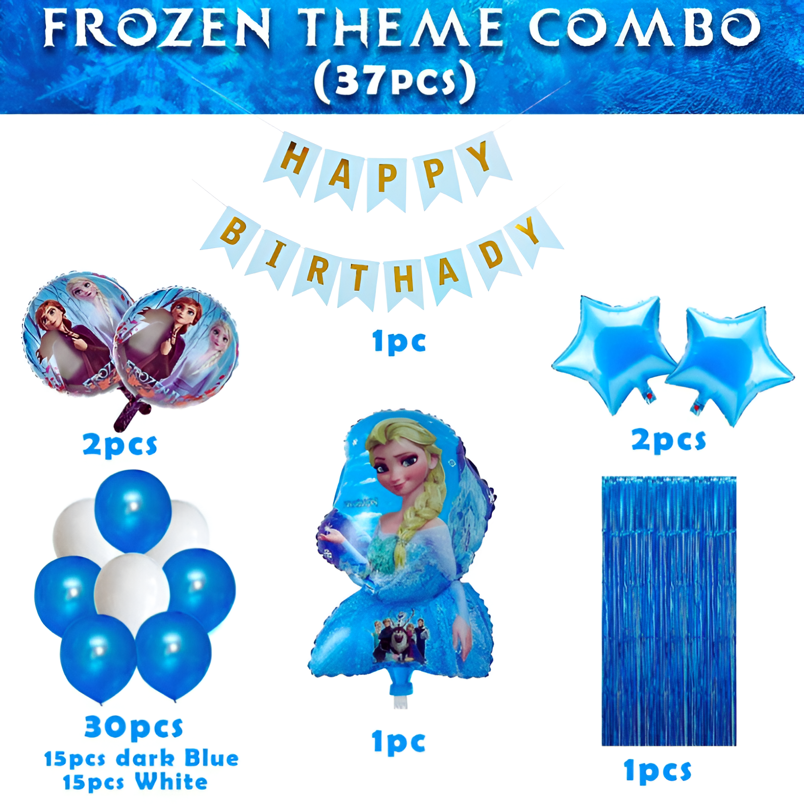 Frozen Theme Birthday Decoration Combo Pack - With Card Birthday Banner, Blue Foil Backdrop Curtain, Metallic Balloons - Full Package (37 Pcs)