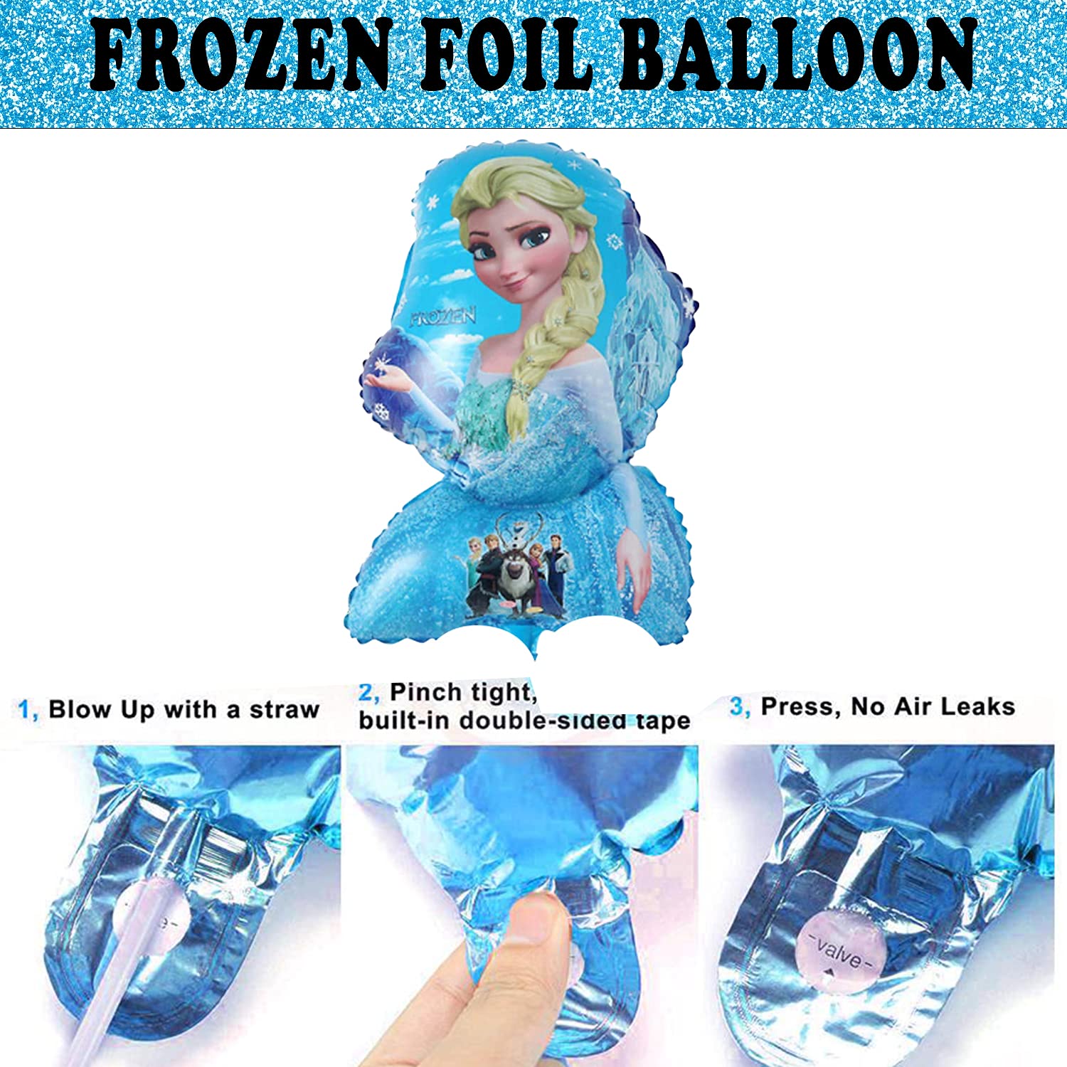 Frozen Theme Birthday Decoration Combo Pack - With Card Birthday Banner, Blue Foil Backdrop Curtain, Metallic Balloons - Full Package (37 Pcs)