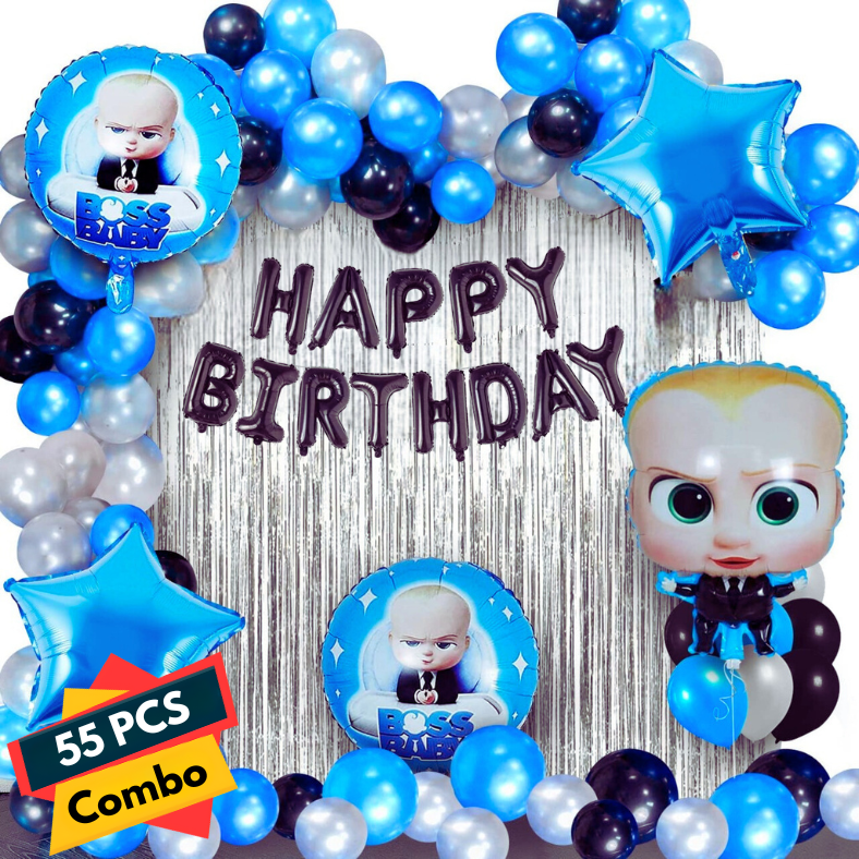 Boss Baby Birthday Decoration Combo Pack - With Card Banner, Foil Backdrop Curtain, HQ Balloons, Deco Kit & More - Full Package (55 Pieces)