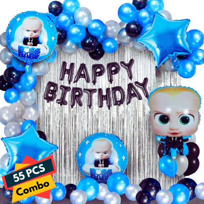 Boss Baby Birthday Decoration Combo Pack - With Card Banner, Foil Backdrop Curtain, HQ Balloons, Deco Kit & More - Full Package (55 Pieces)