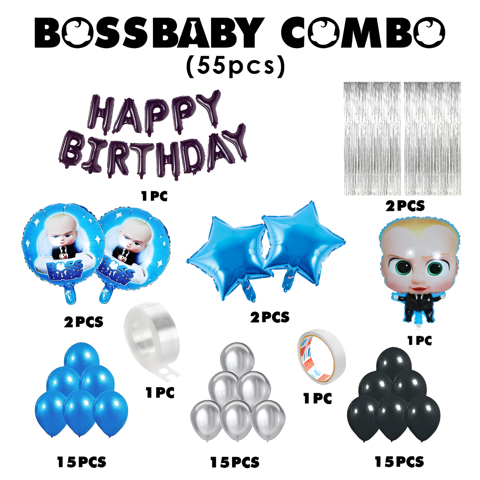 Boss Baby Birthday Decoration Combo Pack - With Card Banner, Foil Backdrop Curtain, HQ Balloons, Deco Kit & More - Full Package (55 Pieces)