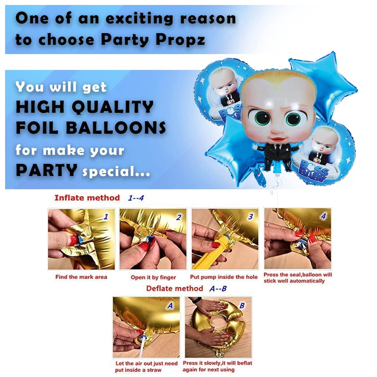 Boss Baby Birthday Decoration Combo Pack - With Card Banner, Foil Backdrop Curtain, HQ Balloons, Deco Kit & More - Full Package (55 Pieces)