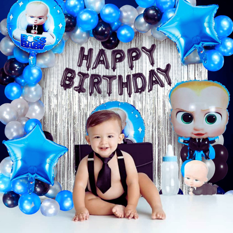 Boss Baby Birthday Decoration Combo Pack - With Card Banner, Foil Backdrop Curtain, HQ Balloons, Deco Kit & More - Full Package (55 Pieces)