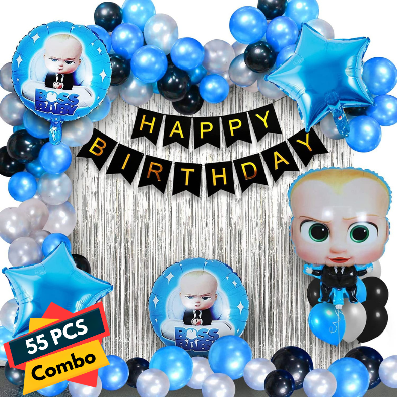 Boss Baby Birthday Decoration Combo Pack - With Card Banner, Foil Backdrop Curtain, HQ Balloons, Deco Kit & More - Full Package (55 Pieces)