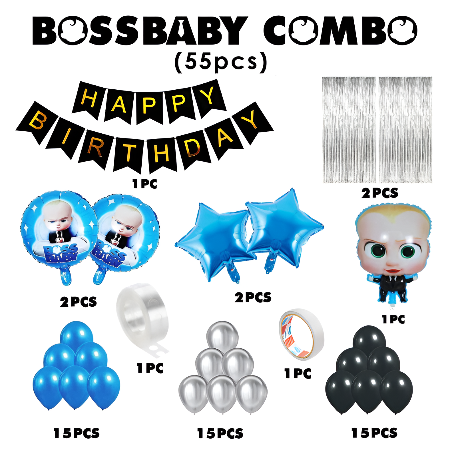 Boss Baby Birthday Decoration Combo Pack - With Card Banner, Foil Backdrop Curtain, HQ Balloons, Deco Kit & More - Full Package (55 Pieces)