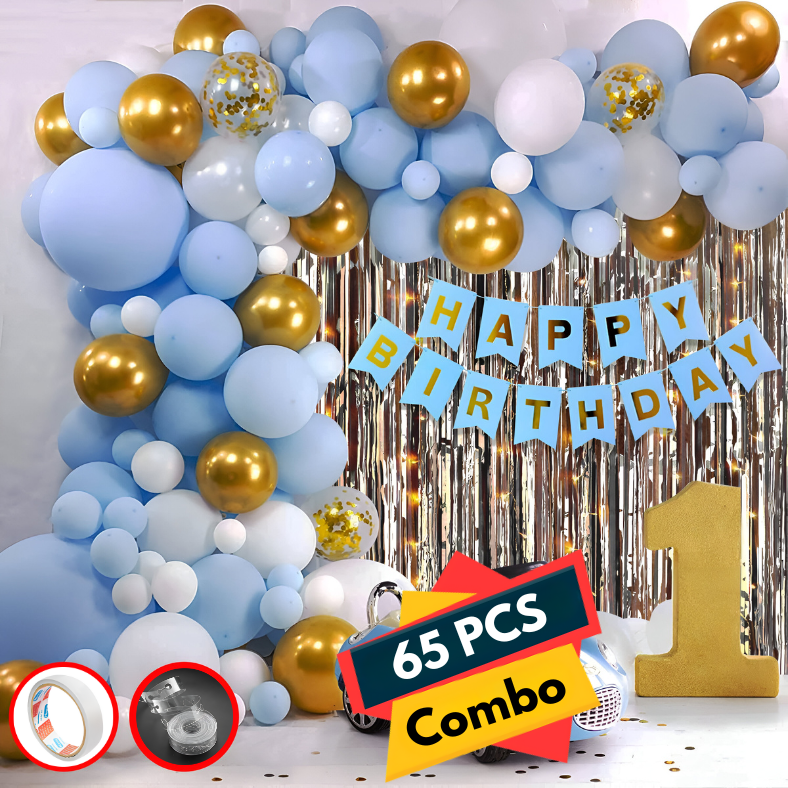 Birthday Combo Pack Light Blue - Card Banner, Backdrop Curtains, Metallic Balloons, and Deco Kit - Full Package (65 Pcs)
