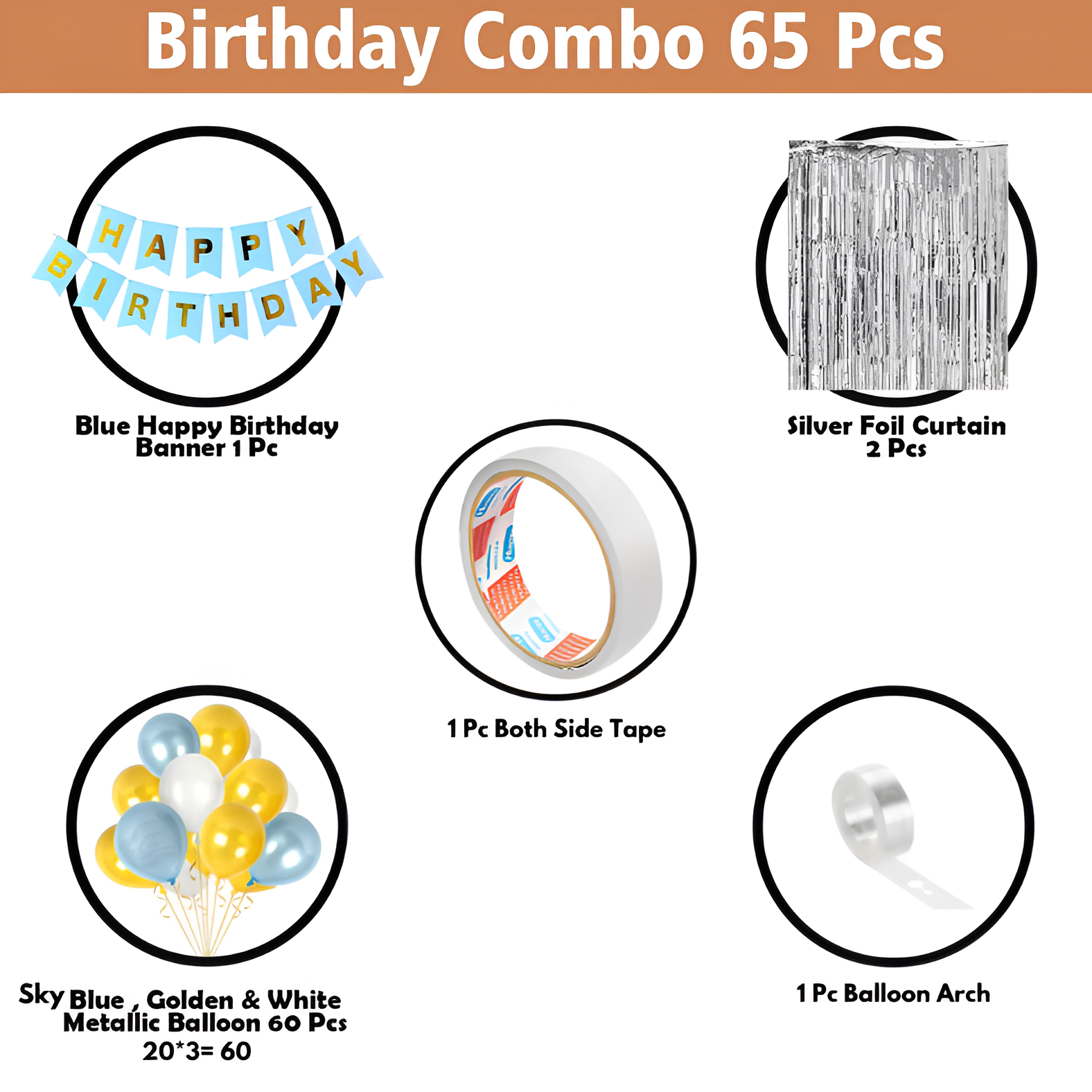 Birthday Combo Pack Light Blue - Card Banner, Backdrop Curtains, Metallic Balloons, and Deco Kit - Full Package (65 Pcs)