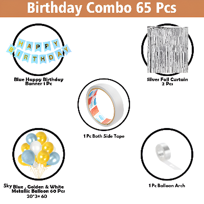 Birthday Combo Pack Light Blue - Card Banner, Backdrop Curtains, Metallic Balloons, and Deco Kit - Full Package (65 Pcs)