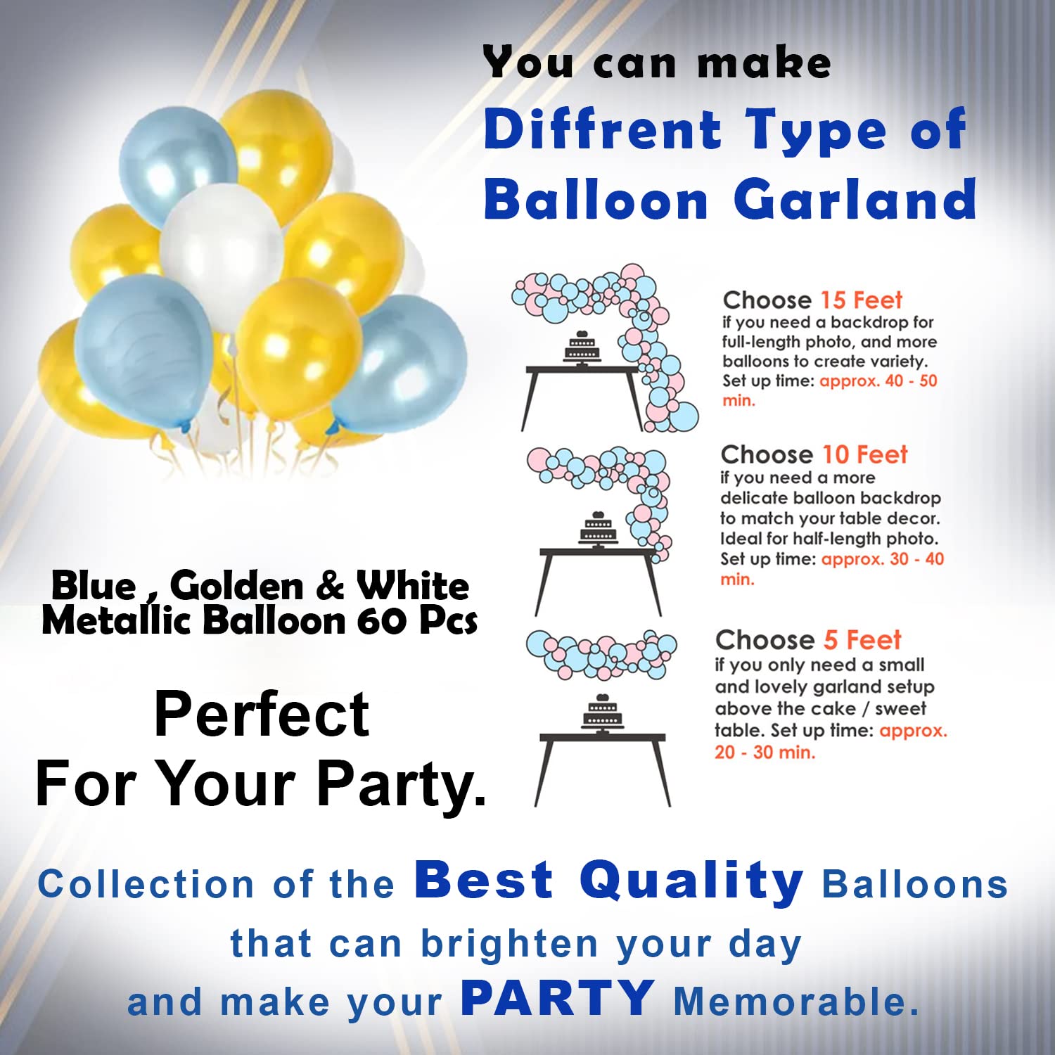 Birthday Combo Pack Light Blue - Card Banner, Backdrop Curtains, Metallic Balloons, and Deco Kit - Full Package (65 Pcs)