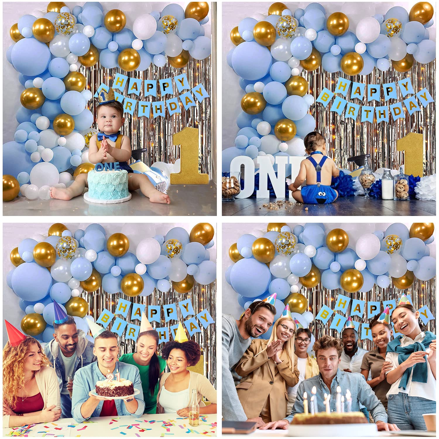 Birthday Combo Pack Light Blue - Card Banner, Backdrop Curtains, Metallic Balloons, and Deco Kit - Full Package (65 Pcs)
