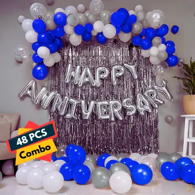 Anniversary Decoration Combo Pack - Including Banners, Backdrop Curtains, Metallic Balloons- Full Package (48 Pcs)