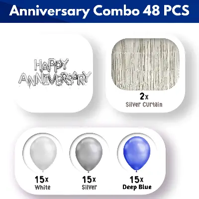 Anniversary Decoration Combo Pack - Including Banners, Backdrop Curtains, Metallic Balloons- Full Package (48 Pcs)