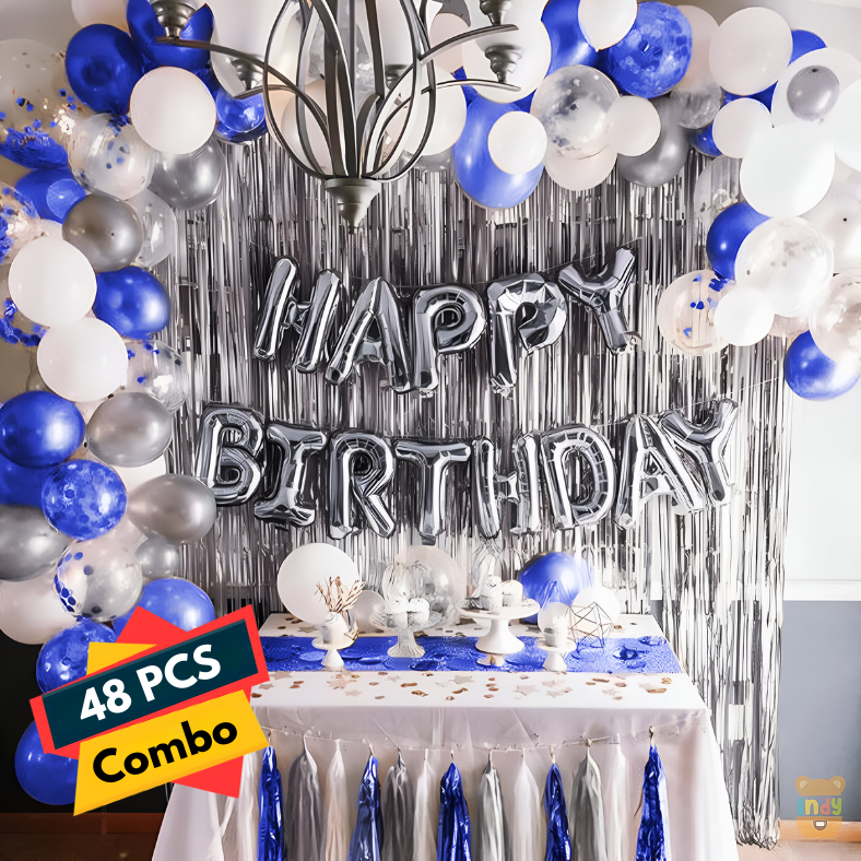 Birthday Decoration Combo Pack - Including Banners, Backdrop Curtains, Metallic Balloons- Full Package (48 Pcs)