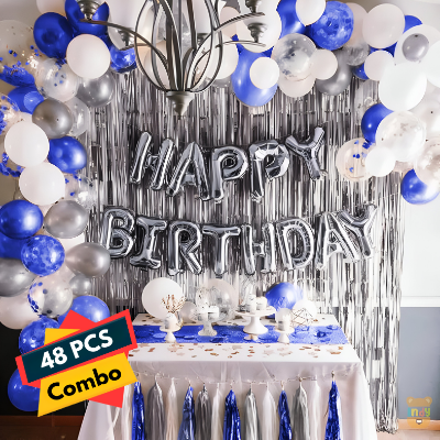 Birthday Decoration Combo Pack - Including Banners, Backdrop Curtains, Metallic Balloons- Full Package (48 Pcs)