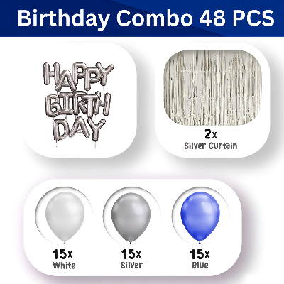 Birthday Decoration Combo Pack - Including Banners, Backdrop Curtains, Metallic Balloons- Full Package (48 Pcs)