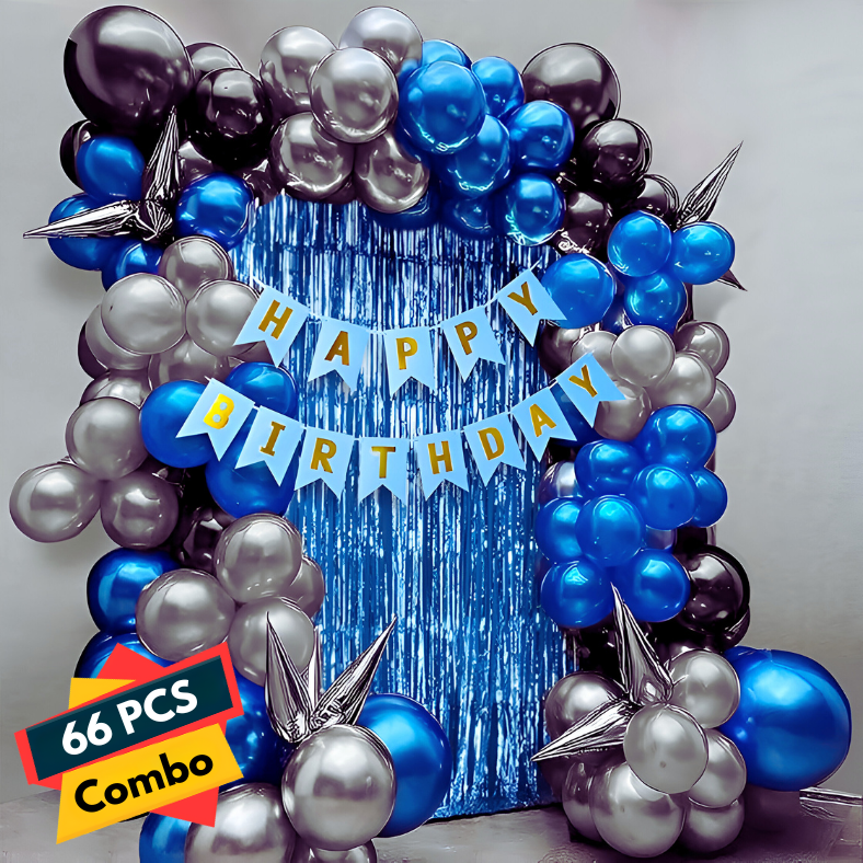 Deluxe Blue Birthday Celebration Kit: Banners, Curtains, Metallic Balloons, Pumper, Arch with Glue Dot Tape - Ultimate Decor - (Pack of 66 Pcs)