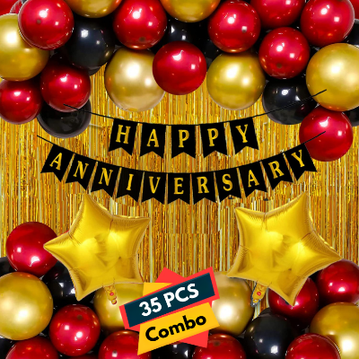 Anniversary Spectacle: Decoration Combo Pack - Backdrop Curtains, Metallic Balloons, Card Banner, and Star Balloons Set - Full Package (35 Pcs)
