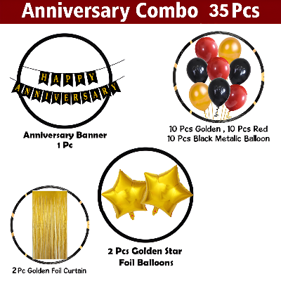 Anniversary Spectacle: Decoration Combo Pack - Backdrop Curtains, Metallic Balloons, Card Banner, and Star Balloons Set - Full Package (35 Pcs)