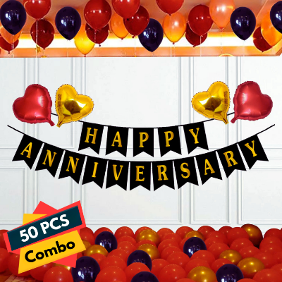 Anniversary Decor Combo: Full Set Including Anniversary Banner, Metallic Balloons, Love Foil Balloons - Full Package (50 Pcs)