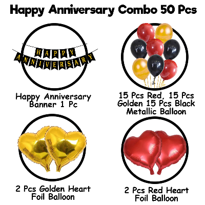 Anniversary Decor Combo: Full Set Including Anniversary Banner, Metallic Balloons, Love Foil Balloons - Full Package (50 Pcs)