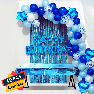 Birthday Combo Pack Blue Theme- Foil Banner, Backdrop Curtains, Metallic Balloons, Confetti, Star & Love Foil Balloon - Full Package (42 Pieces)