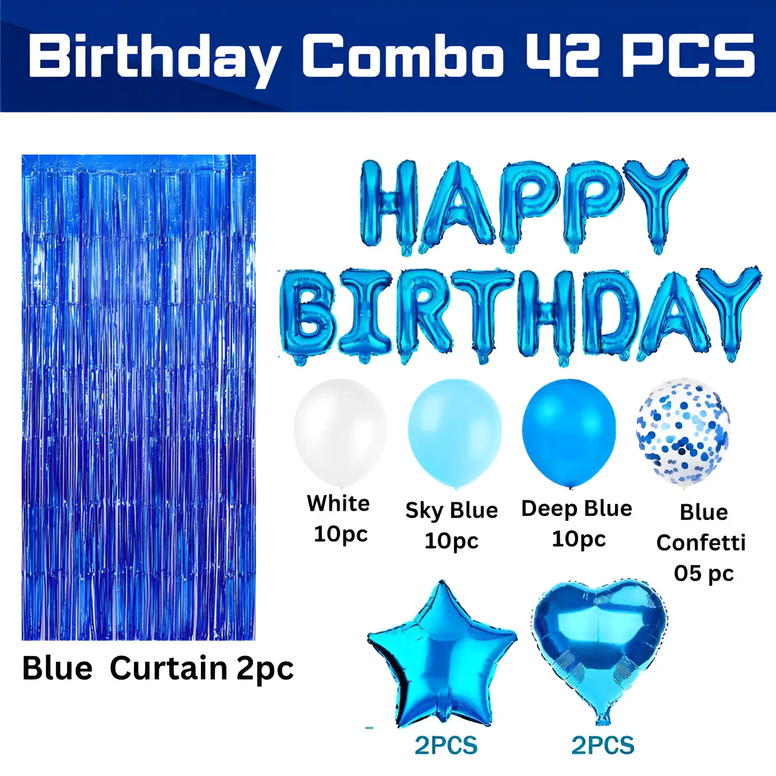 Birthday Combo Pack Blue Theme- Foil Banner, Backdrop Curtains, Metallic Balloons, Confetti, Star & Love Foil Balloon - Full Package (42 Pieces)