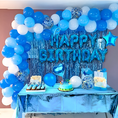 Birthday Combo Pack Blue Theme- Foil Banner, Backdrop Curtains, Metallic Balloons, Confetti, Star & Love Foil Balloon - Full Package (42 Pieces)