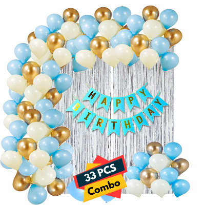 Happy Birthday Decoration Combo Pack - Backdrop Foil Curtain, Light Blue Paper Birthday Banner With Metallic Balloons Set - Full Package (33 Pcs)