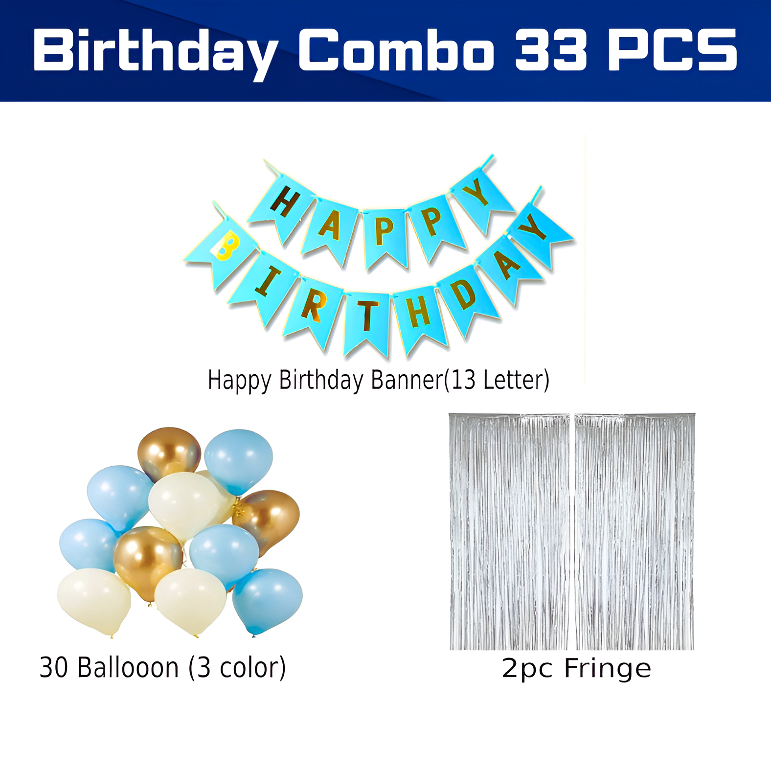 Happy Birthday Decoration Combo Pack - Backdrop Foil Curtain, Light Blue Paper Birthday Banner With Metallic Balloons Set - Full Package (33 Pcs)
