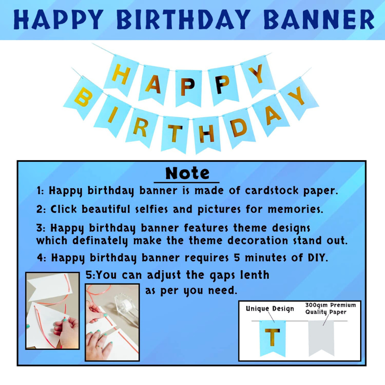 Happy Birthday Decoration Combo Pack - Backdrop Foil Curtain, Light Blue Paper Birthday Banner With Metallic Balloons Set - Full Package (33 Pcs)