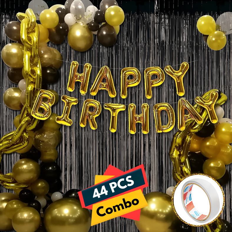 Happy Birthday Black Combo Set - With Golden and Black Metallic Balloons, Birthday Foil Banner, Black Foil Curtain with Both Side Tape for Party Decor- Full Package (44 Pieces)