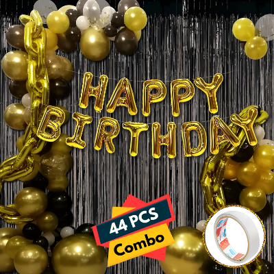 Happy Birthday Black Combo Set - With Golden and Black Metallic Balloons, Birthday Foil Banner, Black Foil Curtain with Both Side Tape for Party Decor- Full Package (44 Pieces)
