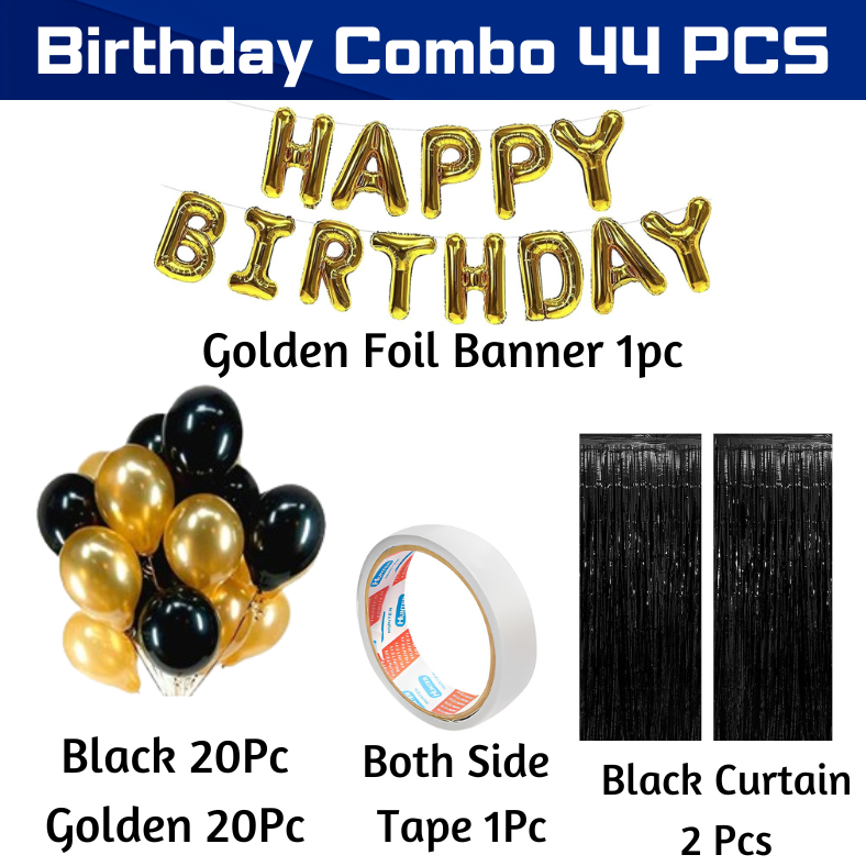 Happy Birthday Black Combo Set - With Golden and Black Metallic Balloons, Birthday Foil Banner, Black Foil Curtain with Both Side Tape for Party Decor- Full Package (44 Pieces)